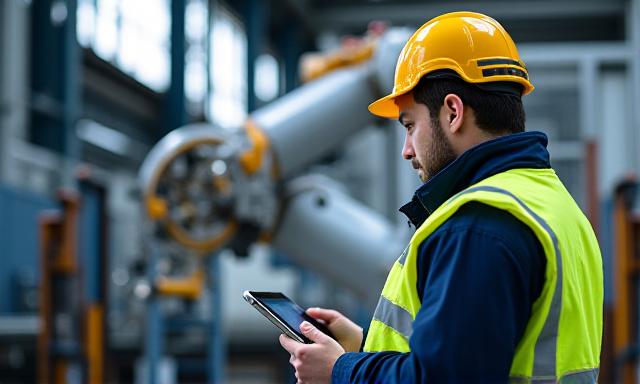 Tekniker som utfører vedlikehold på en industriell robot