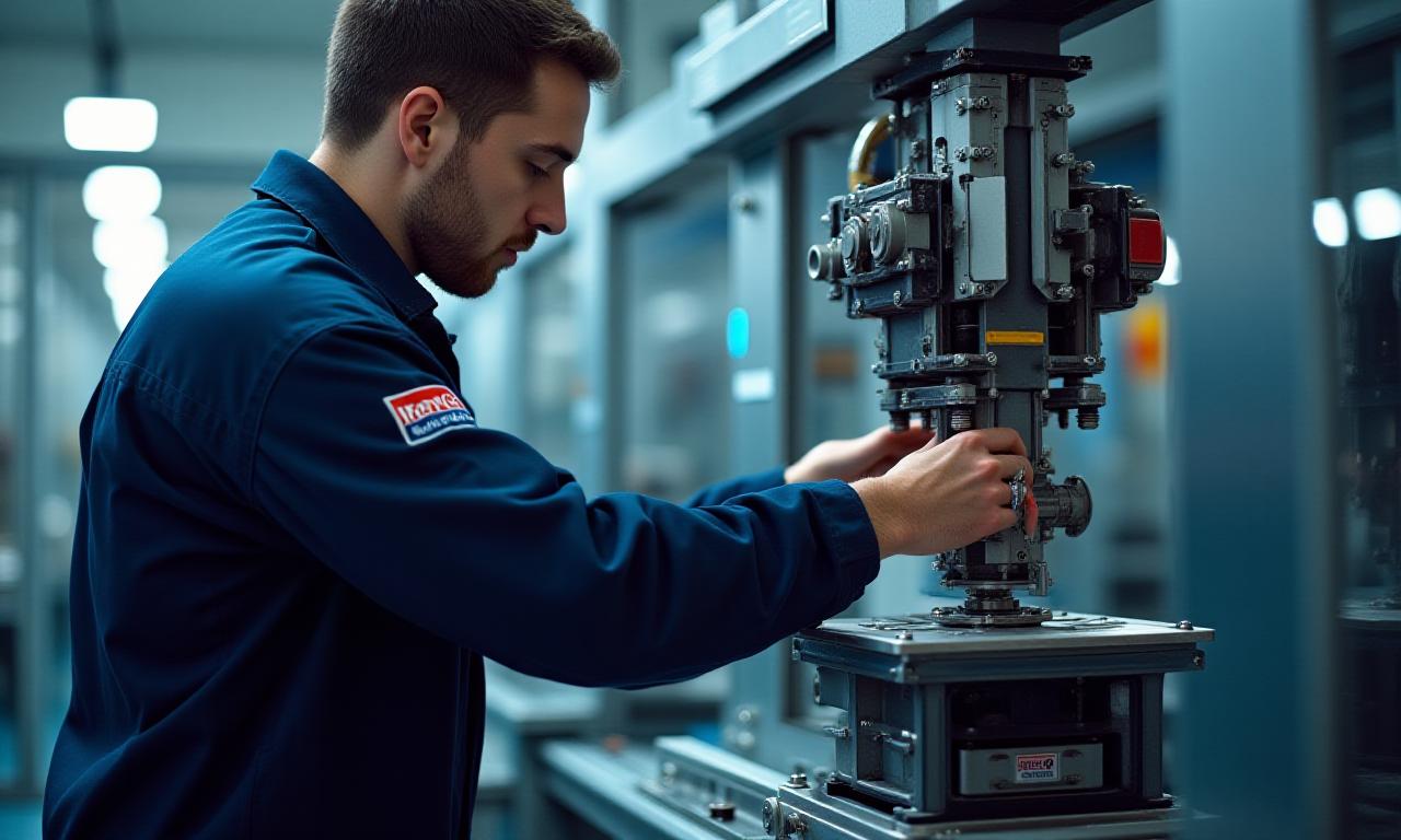 En tekniker fra Iron & Cog utfører presisjonsinspeksjon på en industriell robotarm