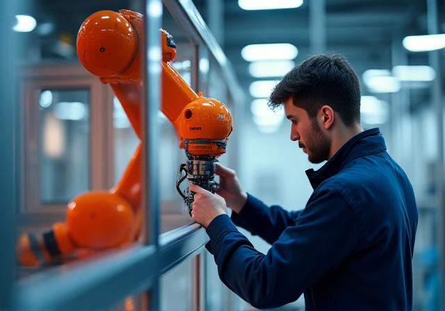 Tekniker som jobber på en industriell robotarm